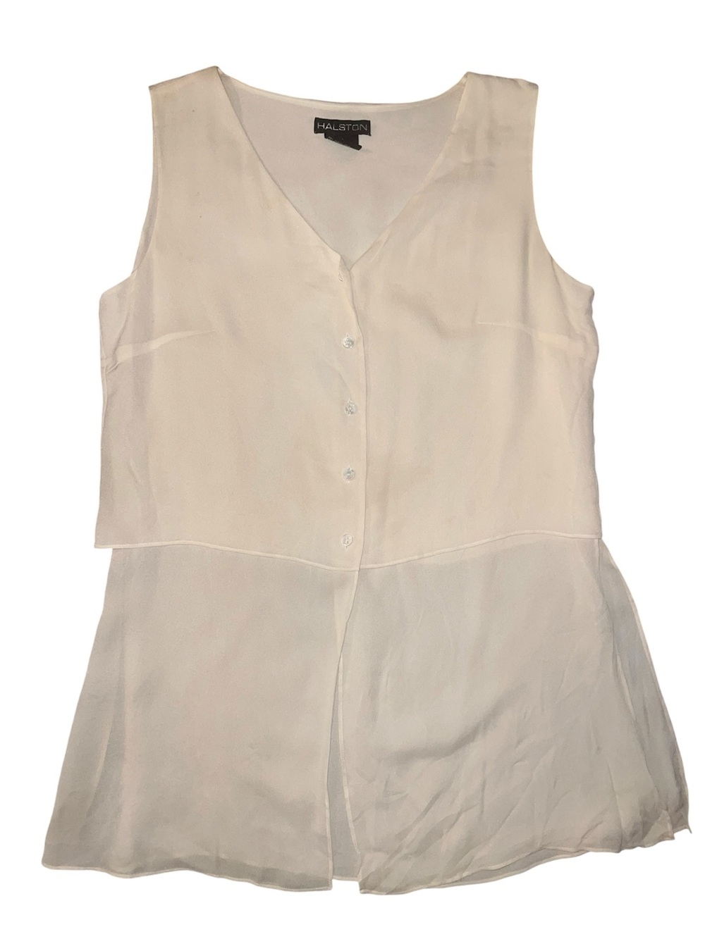 Halston Ivory Silk sleeveless Chiffon blouse button front Elegant overlay
VTG 10